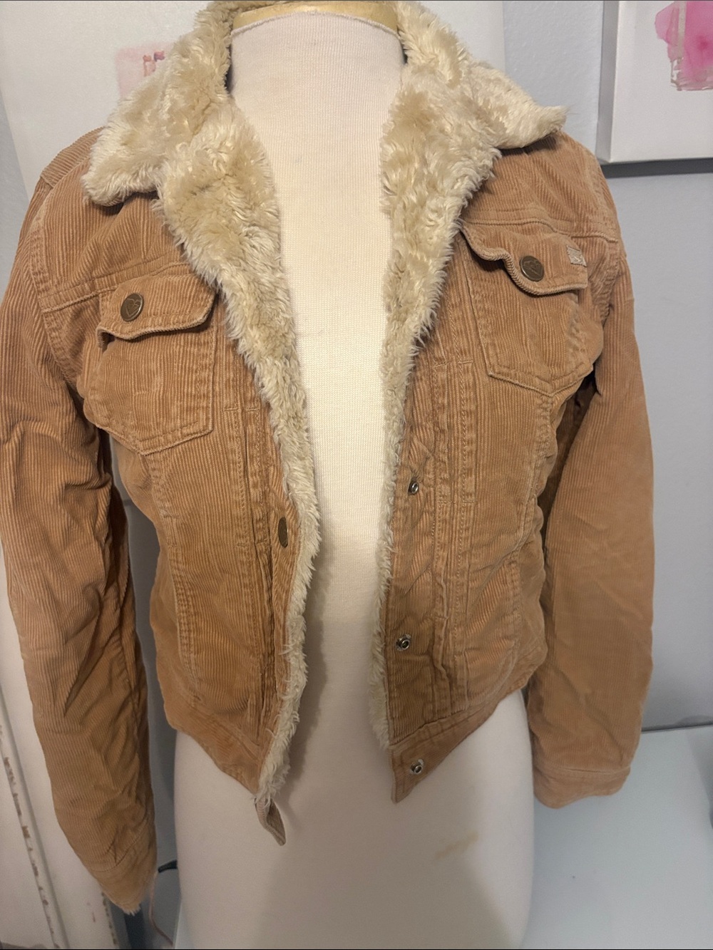 Roxy Tan Corduroy Jean Jacket with Cream Faux-Sherpa Lining